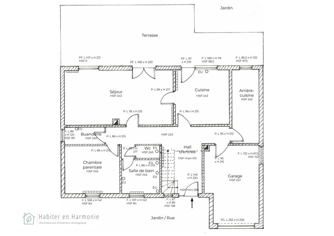 Plan d'état des lieux pour un projet d'architecture d'intérieur concernant la rénovation totale d'une villa à Habay-La-Neuve