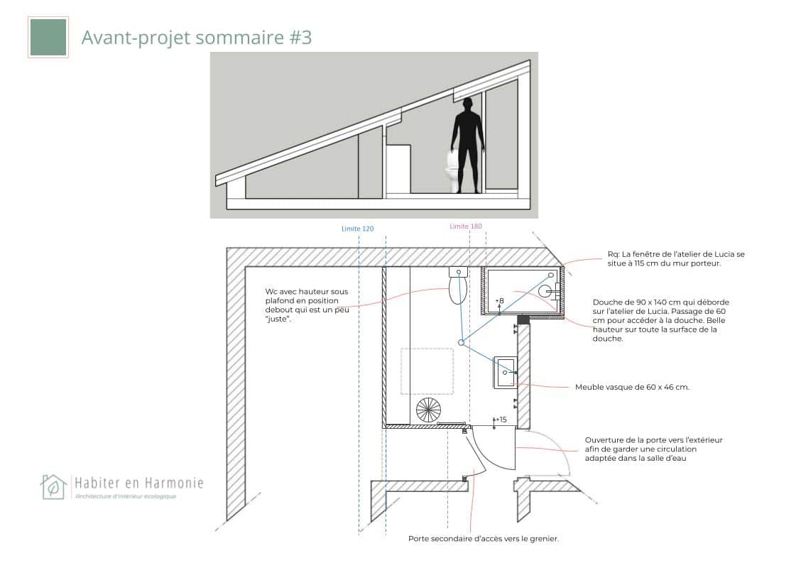 3e proposition d'avant-projet d'implantation d'une salle de bain sous les combles
