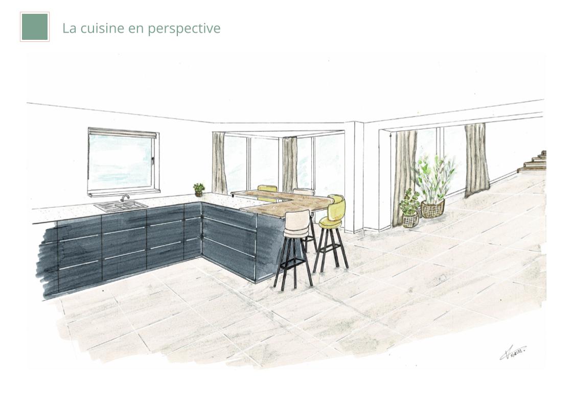 Projet d'architecture d'intérieur à Habay : perspective dessinée à la main de la nouvelle cuisine.