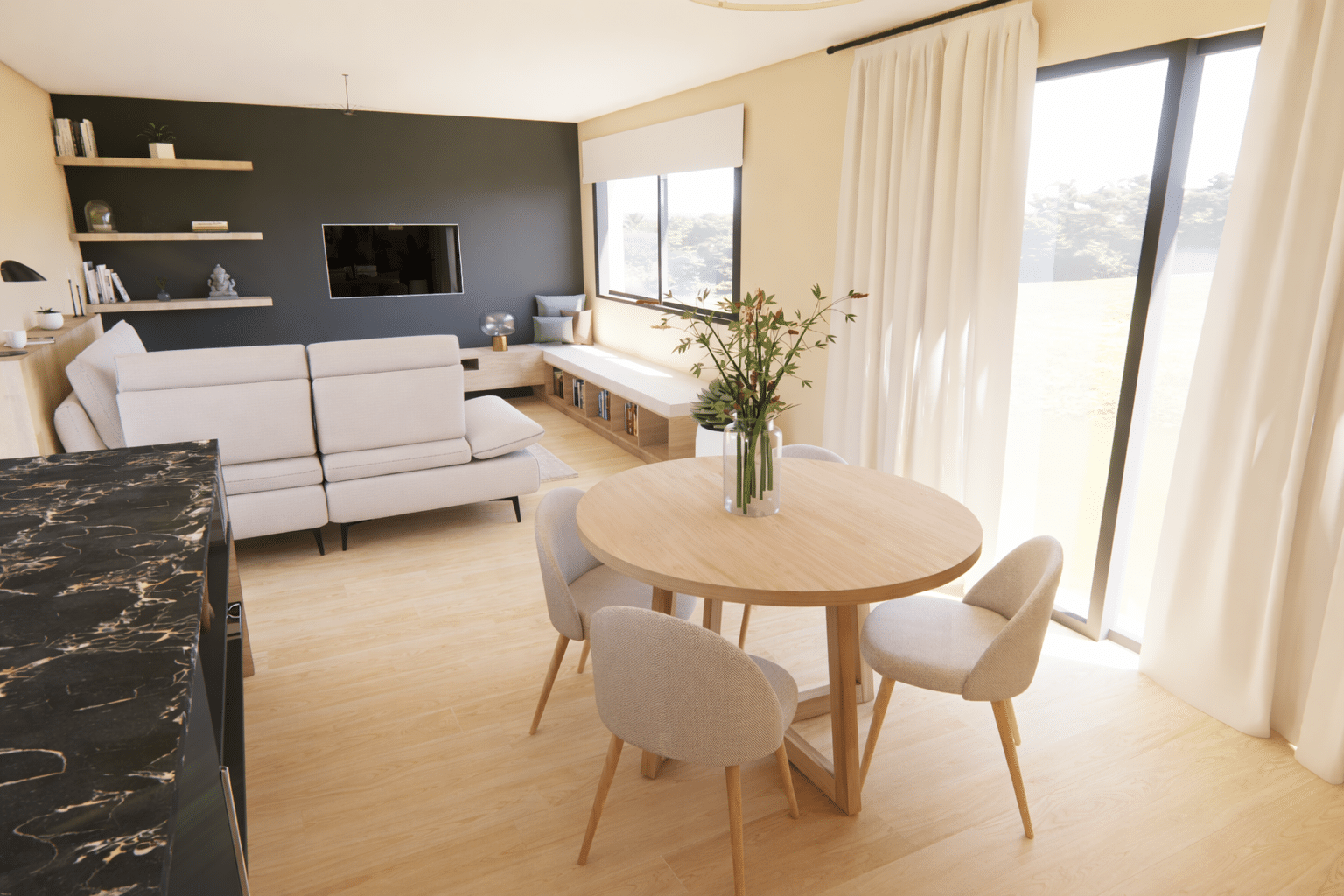 Aménagement d’un séjour lumineux avec salle à manger dans une nouvelle construction près de Neufchâteau – architecture d’intérieur